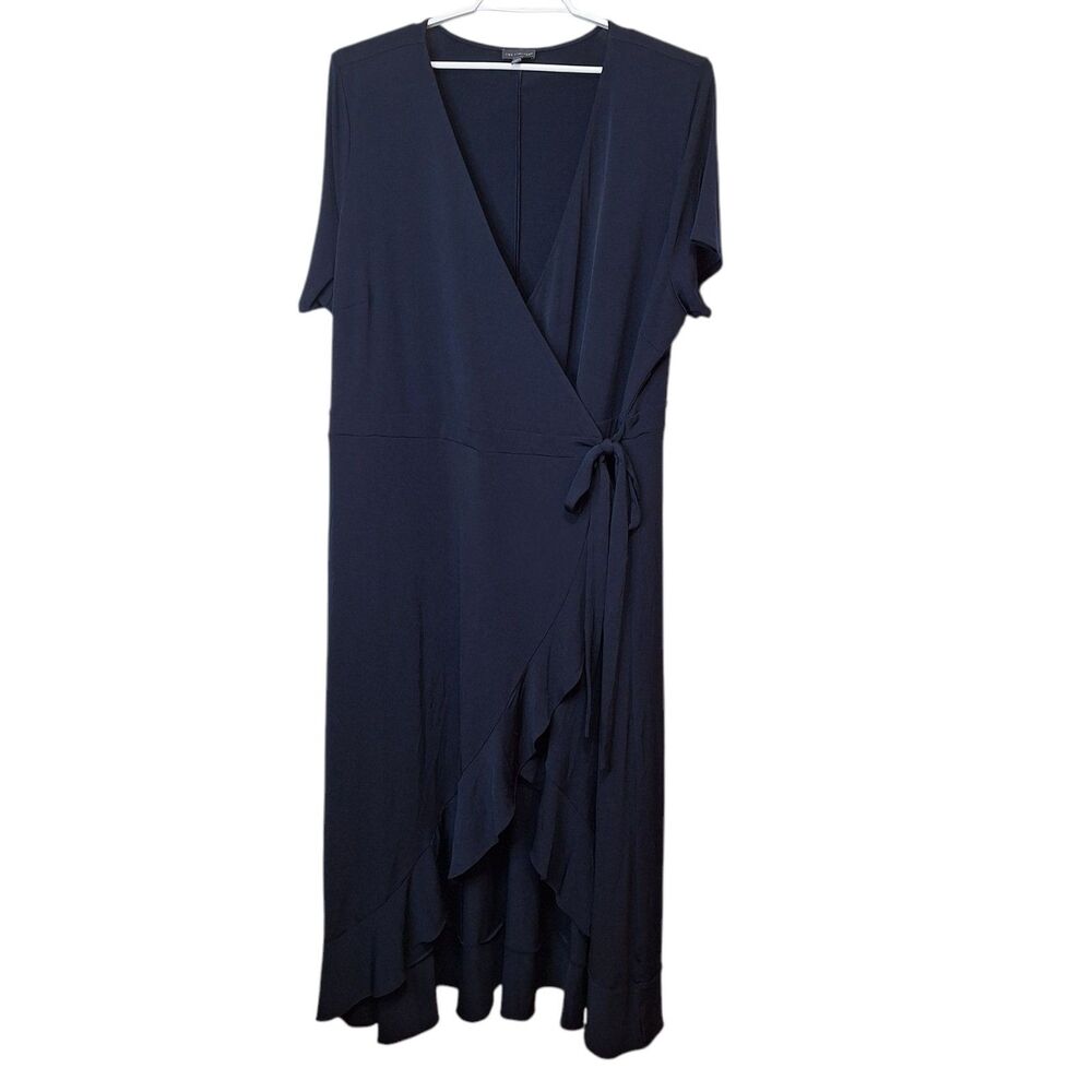 The Limited Womens 3X Full Wrap Dress Black Ruffle Short Sleeve Waist Tie Party